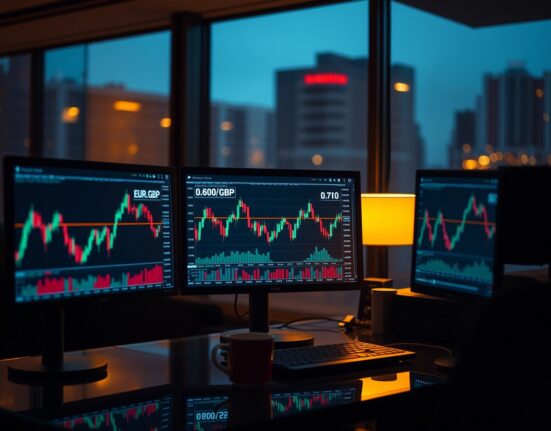 Forex trading monitors displaying EUR/GBP chart with steady price action near 0.8650