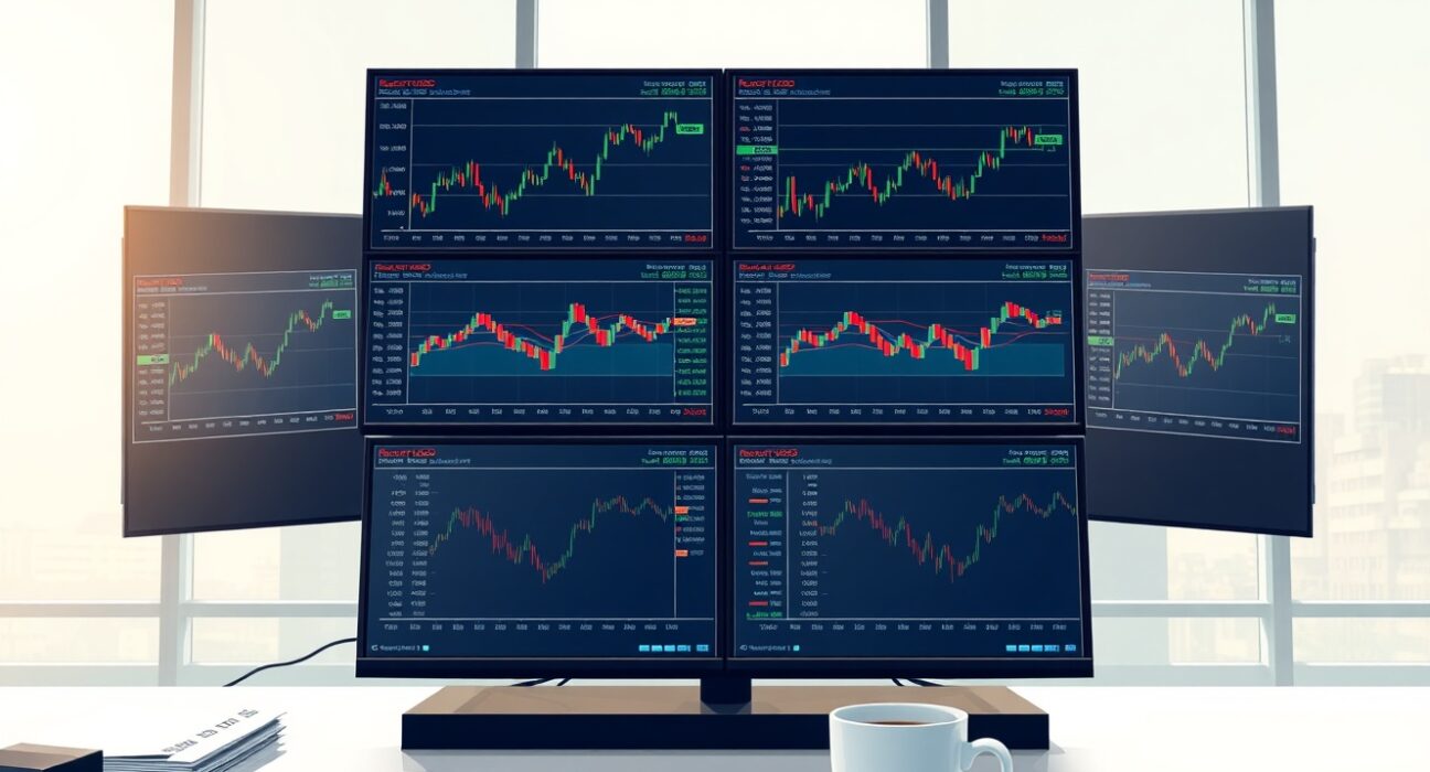 Professional trading desk monitoring EUR/GBP exchange rate ahead of Bank of England and ECB policy announcements.