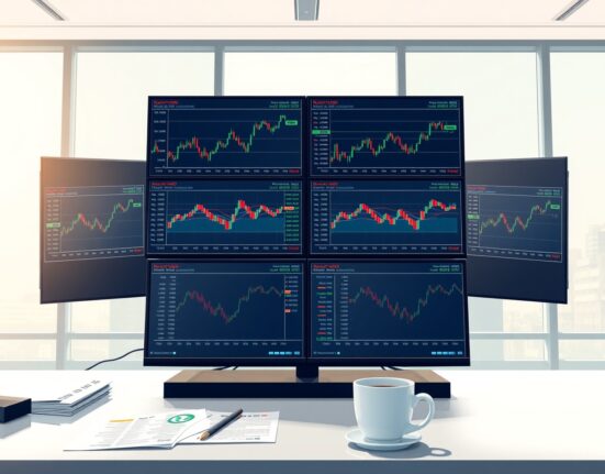 Professional trading desk monitoring EUR/GBP exchange rate ahead of Bank of England and ECB policy announcements.