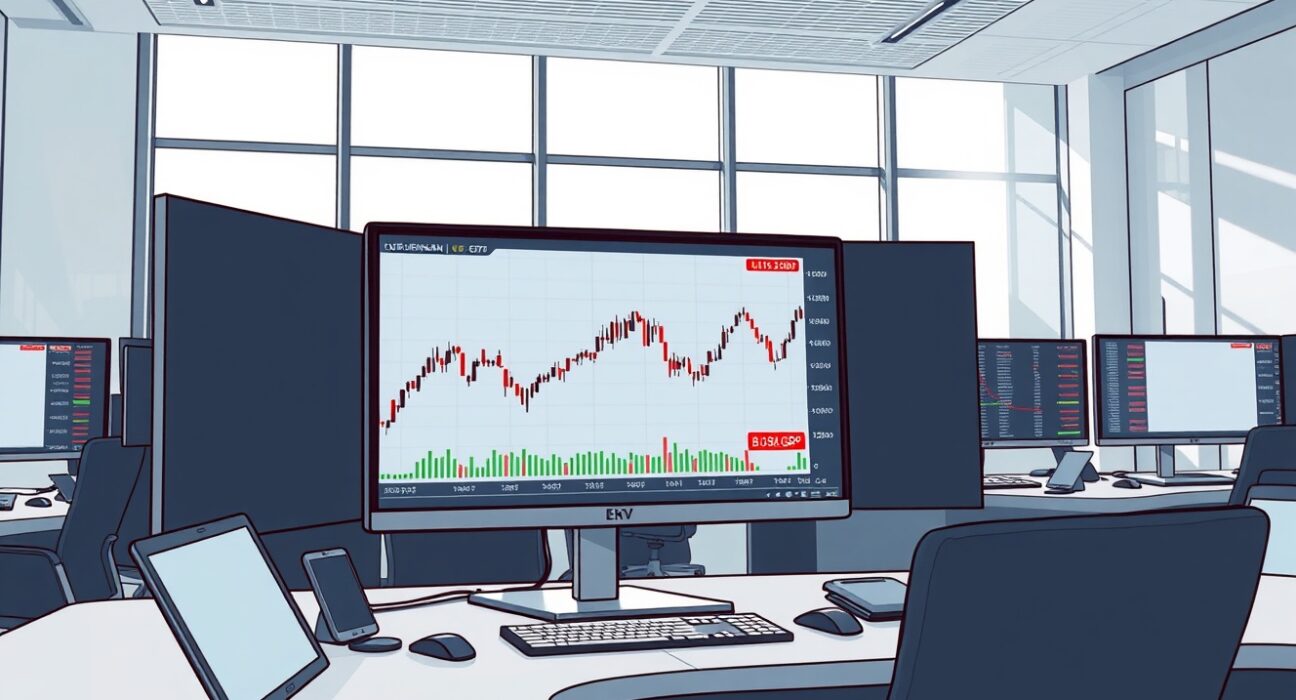 Forex trading desk monitoring the EUR/GBP exchange rate amid Middle East geopolitical tensions.