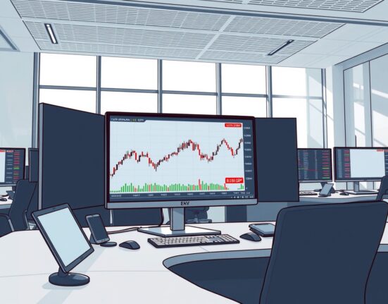 Forex trading desk monitoring the EUR/GBP exchange rate amid Middle East geopolitical tensions.
