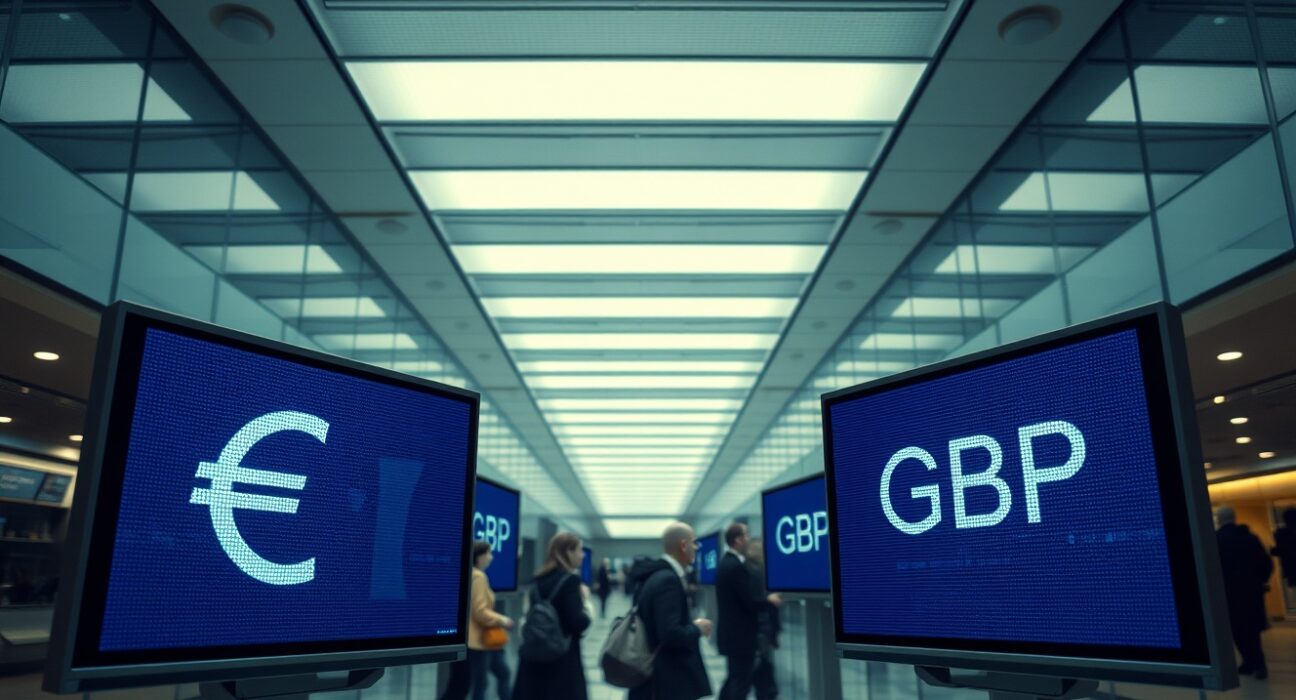Digital currency exchange board showing EUR and GBP rates in a financial district lobby