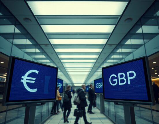 Digital currency exchange board showing EUR and GBP rates in a financial district lobby