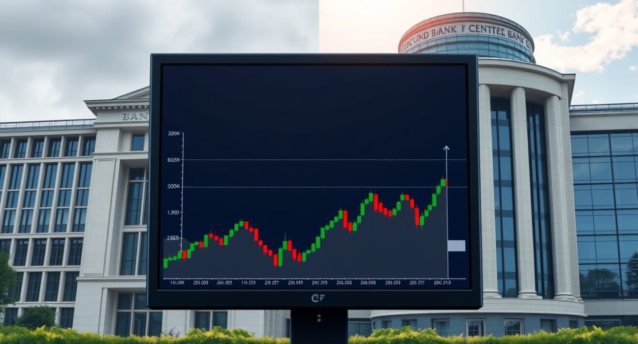 EUR/GBP steady at 0.8660 after BoE decision, with ECB policy meeting next, showing forex chart and central bank buildings