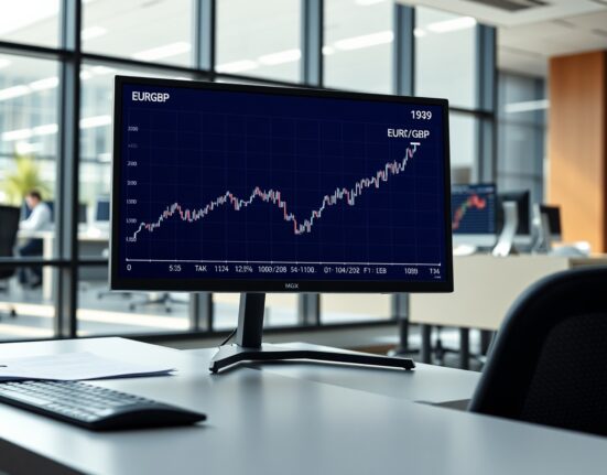 EUR/GBP exchange rate chart on a trading desk monitor ahead of central bank policy decisions.