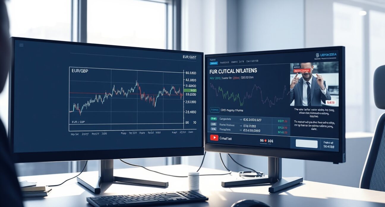 EUR/GBP exchange rate analysis on trading monitors showing steady performance amid geopolitical and inflation concerns