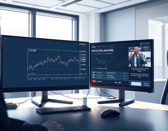 EUR/GBP exchange rate analysis on trading monitors showing steady performance amid geopolitical and inflation concerns