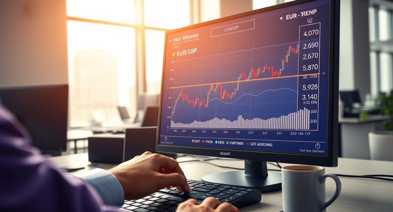 EUR/GBP exchange rate analysis on trading desk monitor ahead of PMI data release