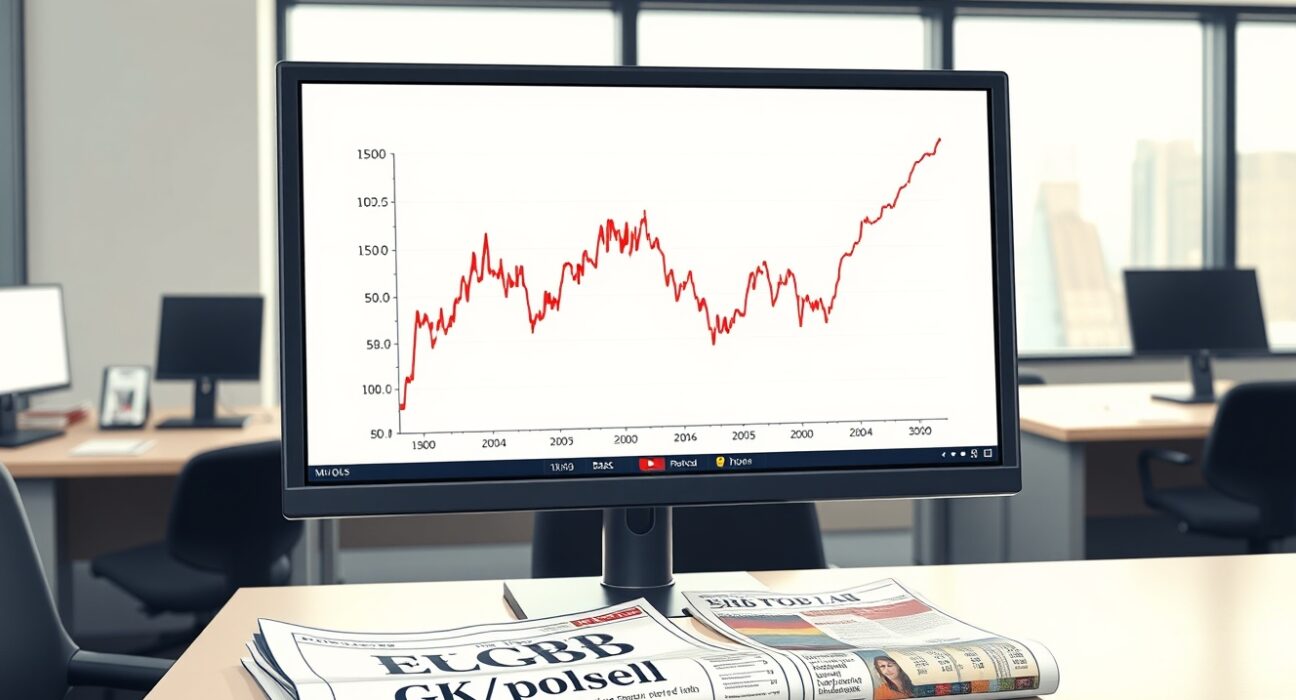 EUR/GBP exchange rate chart analysis on a trading desk amid UK and German economic news.