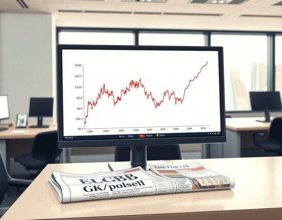 EUR/GBP exchange rate chart analysis on a trading desk amid UK and German economic news.