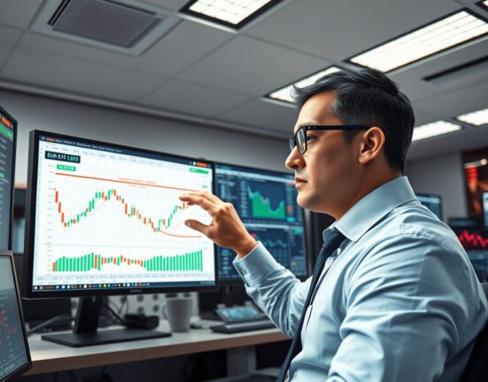 Financial analyst examining EUR/GBP exchange rate charts and technical support levels in trading environment