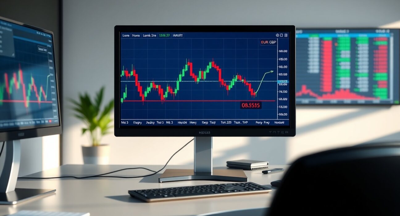 EUR/GBP candlestick chart showing bullish trend approaching 0.8555 resistance level on a trading monitor