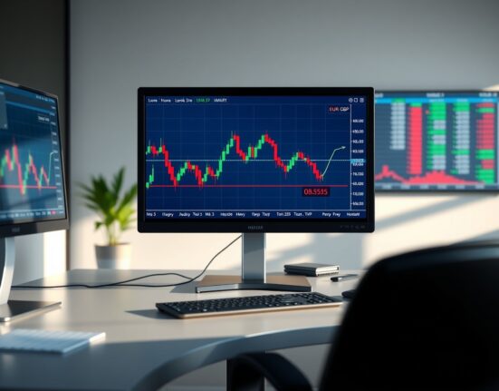 EUR/GBP candlestick chart showing bullish trend approaching 0.8555 resistance level on a trading monitor