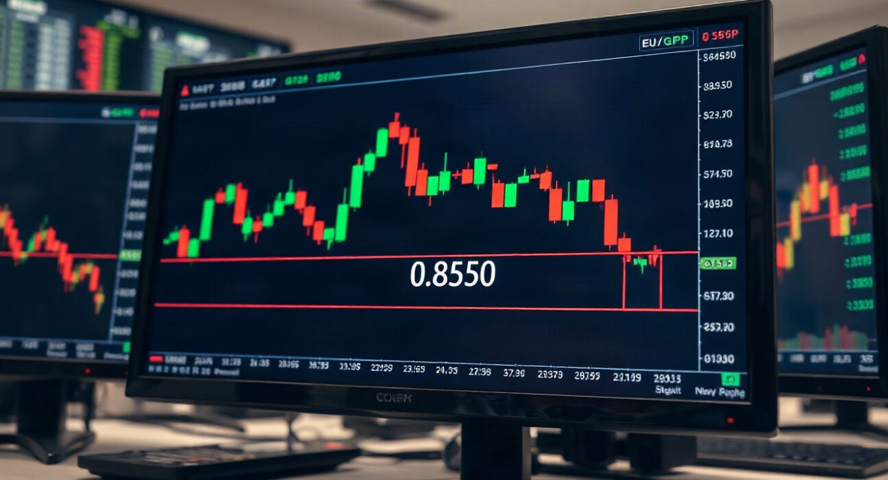 EUR/GBP candlestick chart approaching 0.8550 support level on trading screen