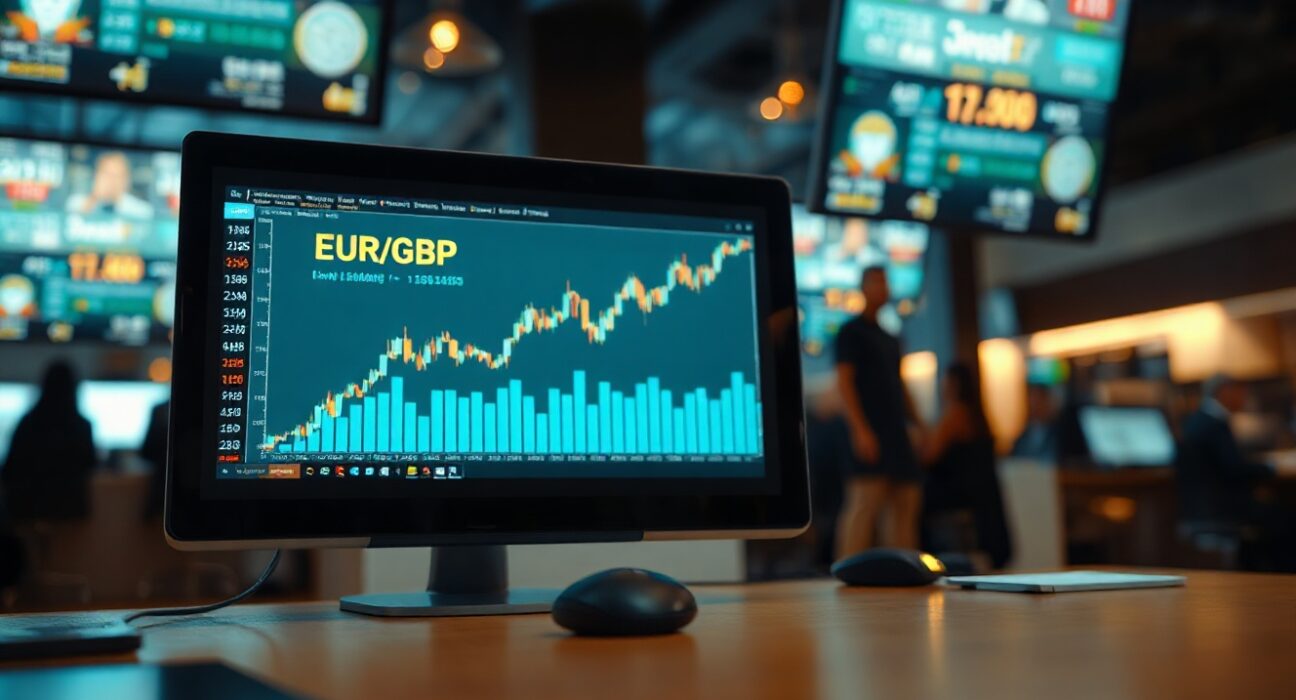 EUR/GBP currency chart showing upward movement near 0.8550 on a trading screen