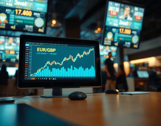 EUR/GBP currency chart showing upward movement near 0.8550 on a trading screen