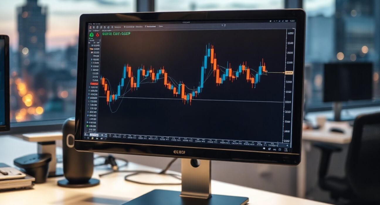 EUR/GBP trading chart on a monitor in a professional trading office, with candlestick patterns visible.