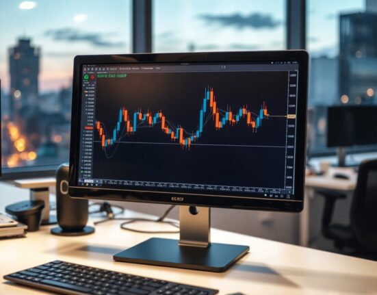 EUR/GBP trading chart on a monitor in a professional trading office, with candlestick patterns visible.