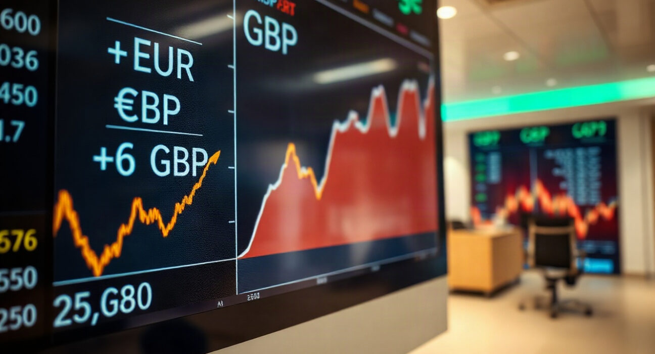 EUR/GBP exchange rate chart showing upward movement on a trading screen