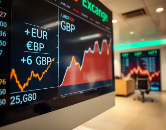 EUR/GBP exchange rate chart showing upward movement on a trading screen