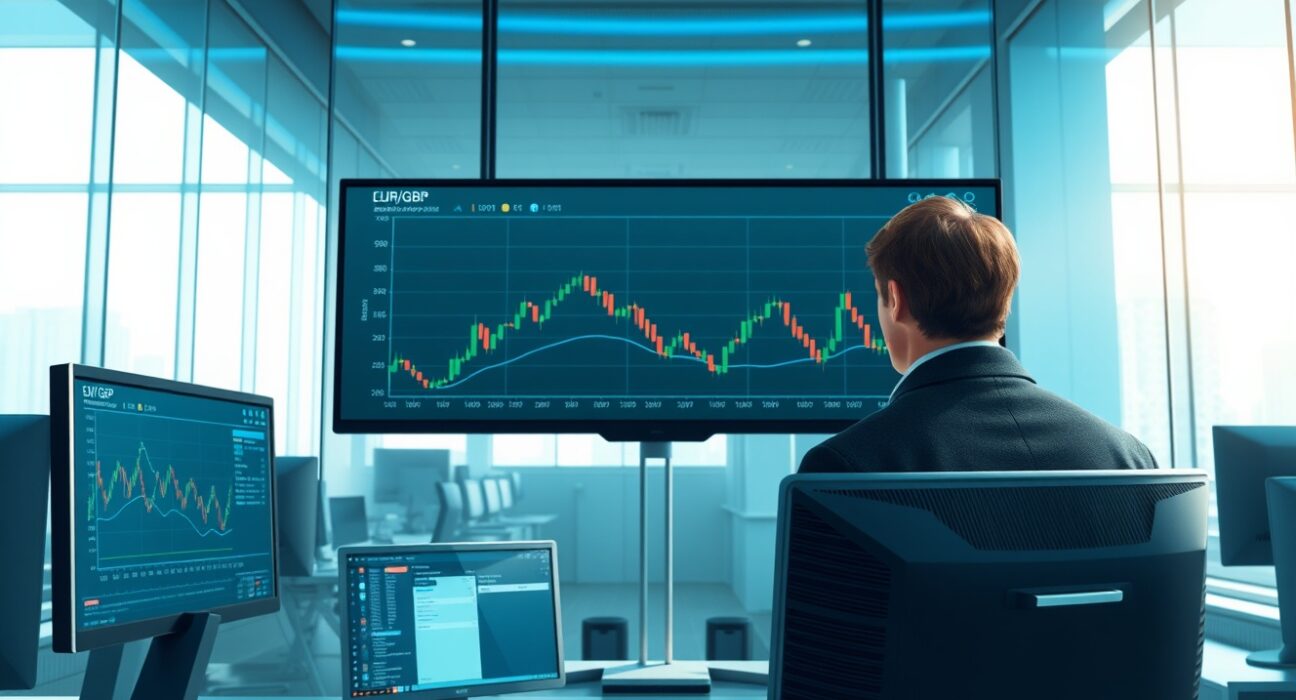 Financial analyst examining EUR/GBP currency charts amid Bank of England policy analysis