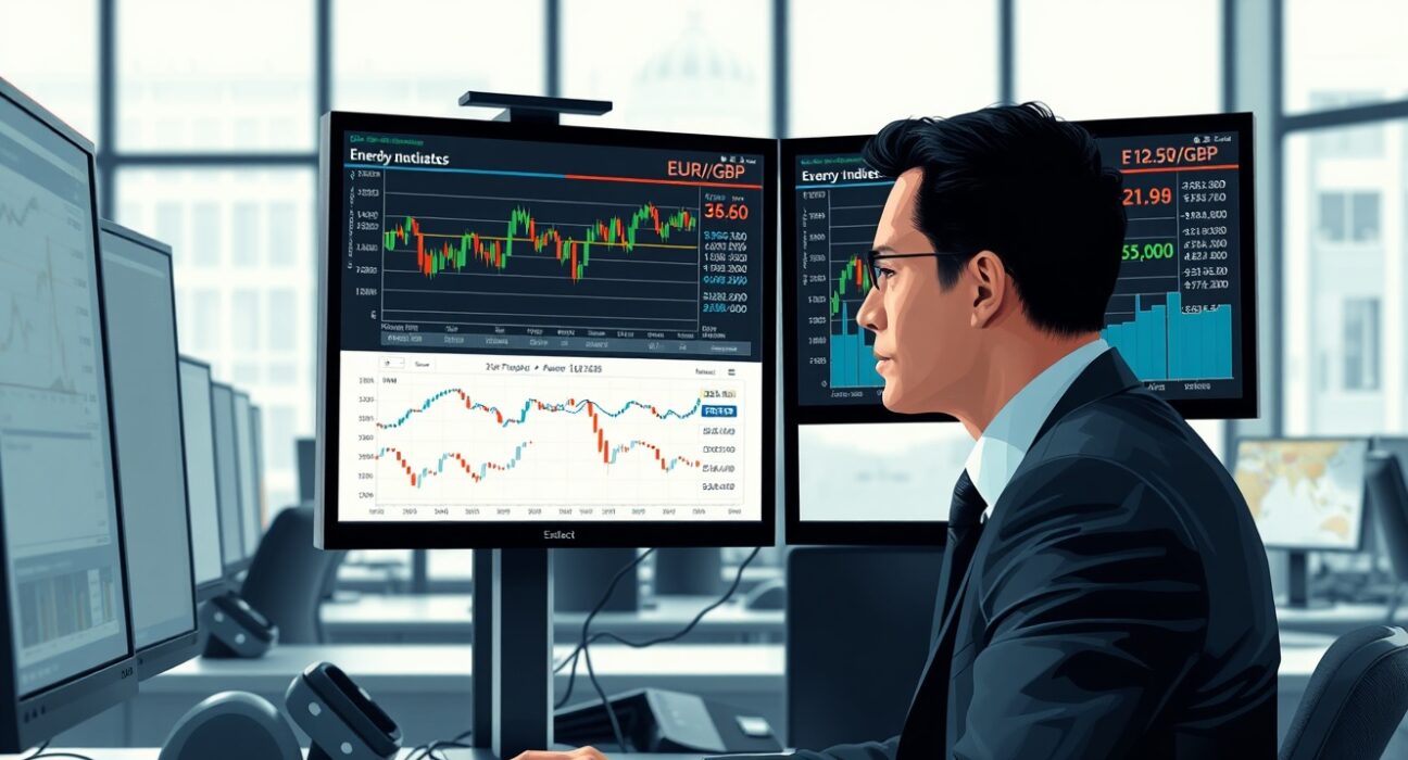 Trader monitoring EUR/GBP exchange rate and energy price data on trading desk screens