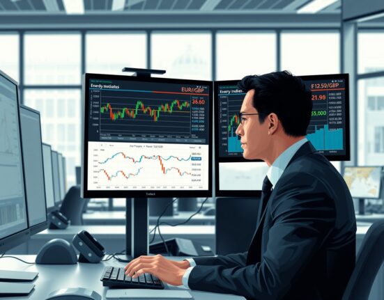 Trader monitoring EUR/GBP exchange rate and energy price data on trading desk screens