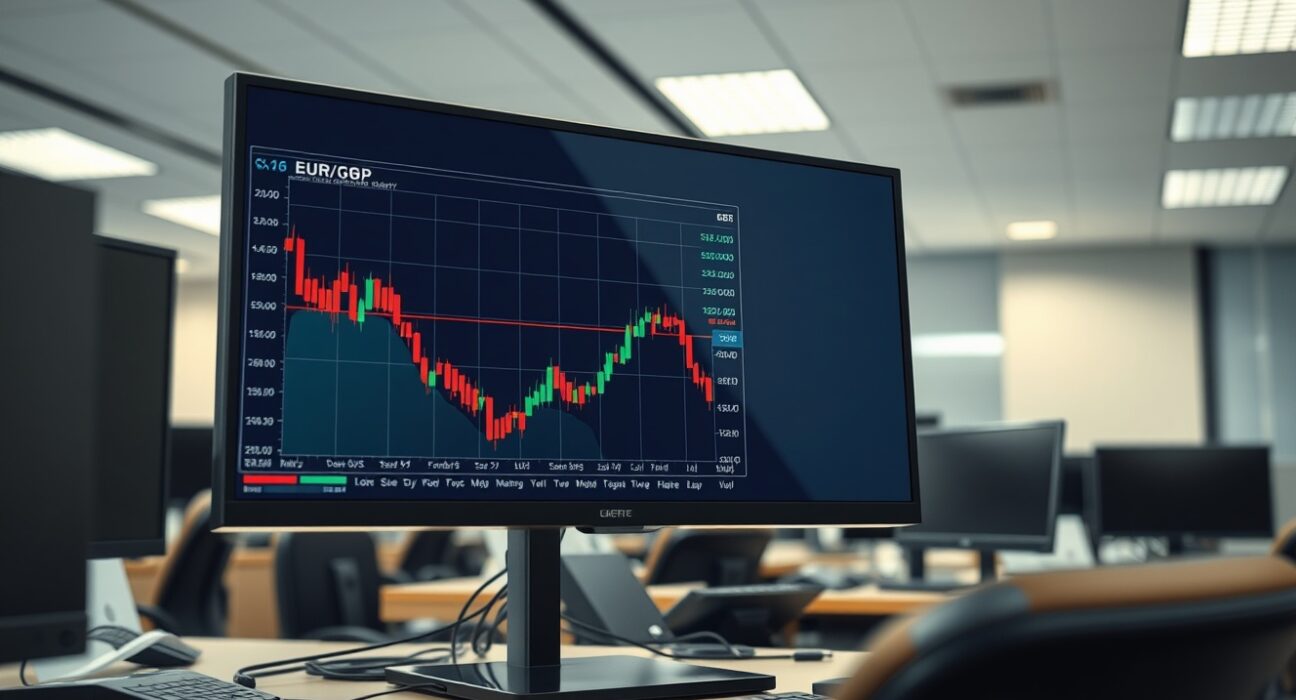 EUR/GBP exchange rate chart on a trading desk monitor ahead of central bank decisions.