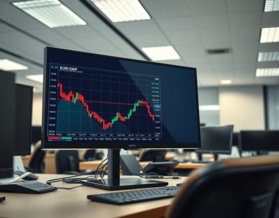 EUR/GBP exchange rate chart on a trading desk monitor ahead of central bank decisions.