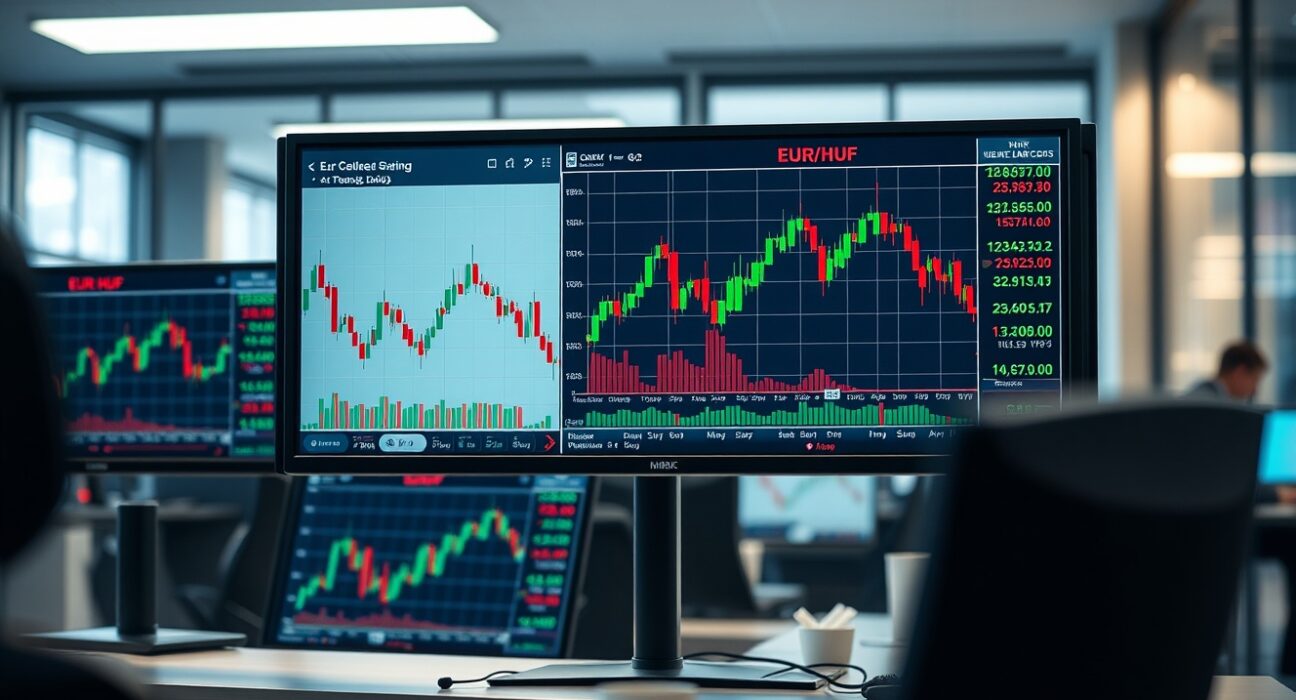 Forex trading desk showing EUR/HUF chart with downtrend analysis