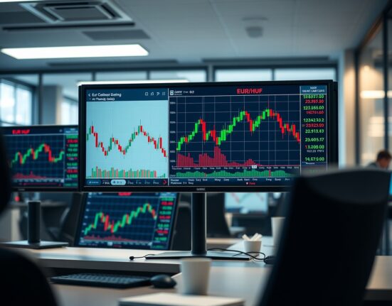 Forex trading desk showing EUR/HUF chart with downtrend analysis