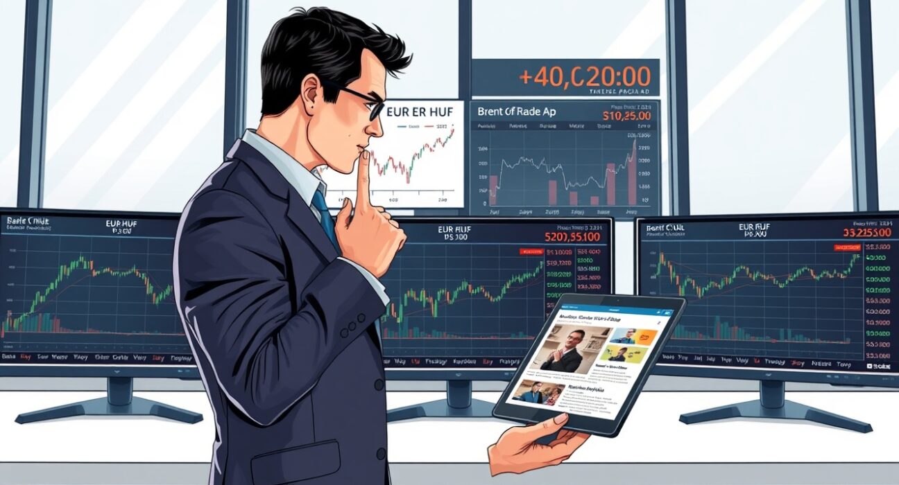 Financial analyst examines EUR/HUF exchange rate charts and oil price data affecting Hungarian forint outlook