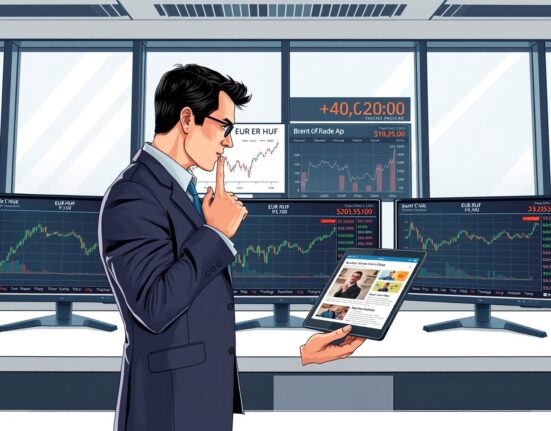 Financial analyst examines EUR/HUF exchange rate charts and oil price data affecting Hungarian forint outlook