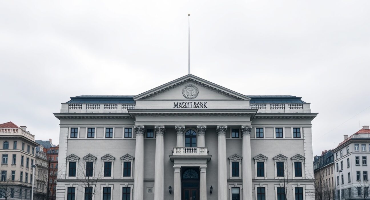 Magyar Nemzeti Bank headquarters in Budapest, symbolizing the upcoming EUR/HUF rate decision where the MNB is expected to hold rates.