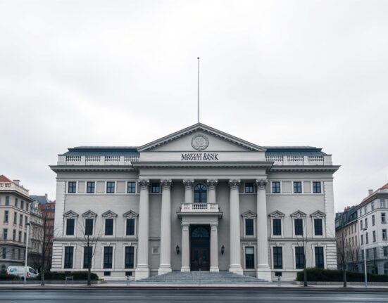 Magyar Nemzeti Bank headquarters in Budapest, symbolizing the upcoming EUR/HUF rate decision where the MNB is expected to hold rates.