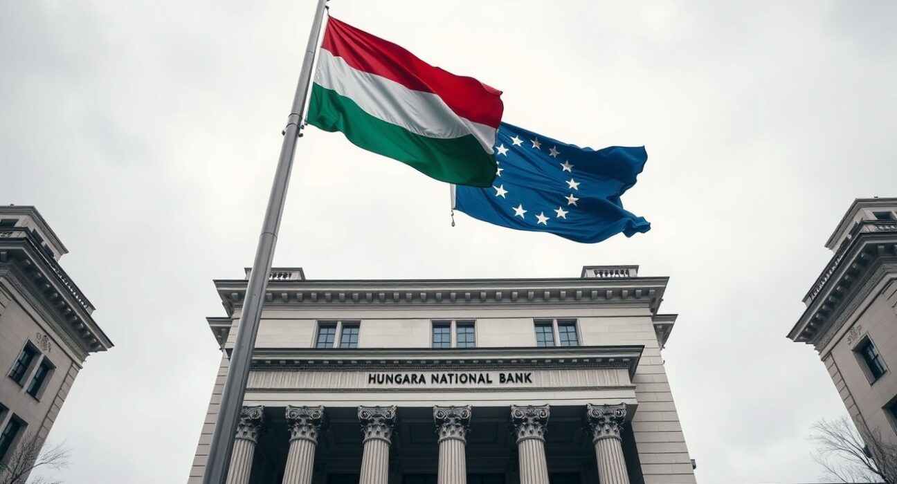 EUR/HUF exchange rate analysis with Hungarian National Bank building in Budapest as MNB holds rates amid geopolitical risks