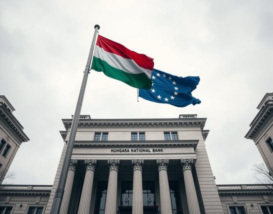 EUR/HUF exchange rate analysis with Hungarian National Bank building in Budapest as MNB holds rates amid geopolitical risks
