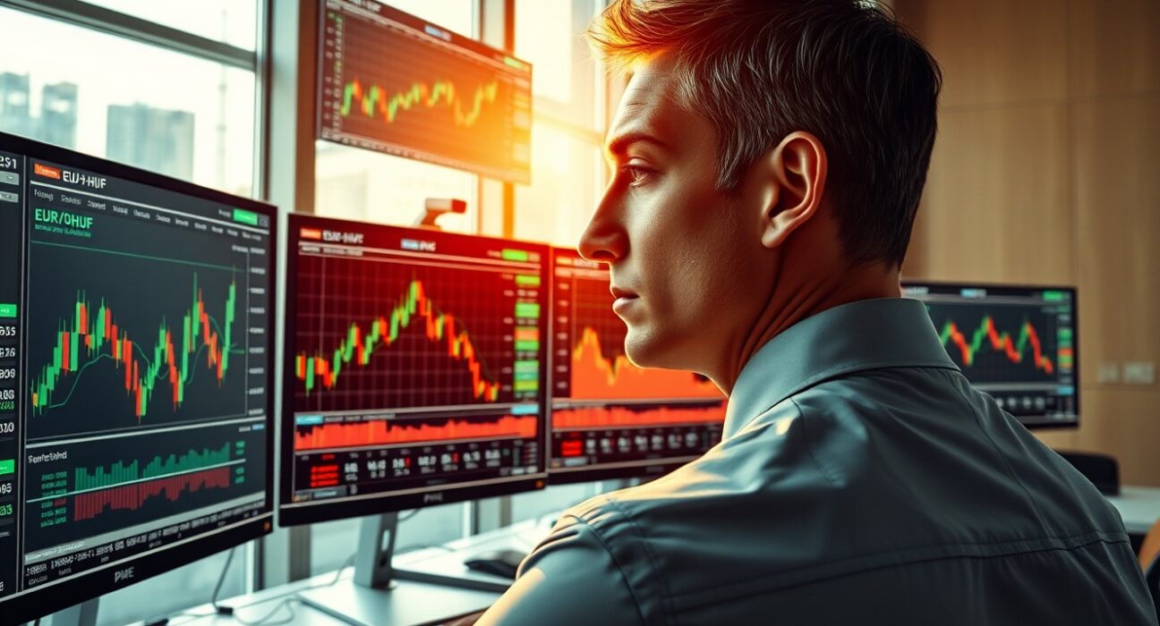 Financial analyst examining EUR/HUF currency charts and technical indicators for post-election market analysis