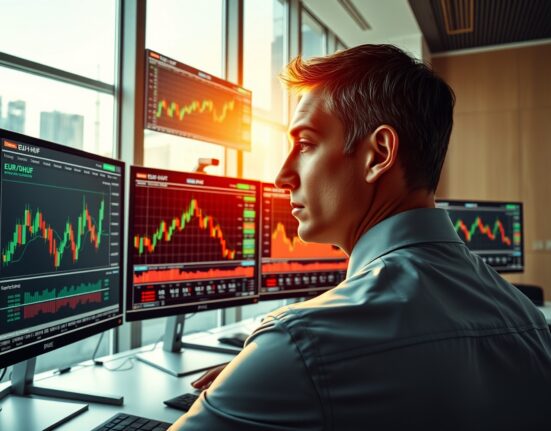 Financial analyst examining EUR/HUF currency charts and technical indicators for post-election market analysis