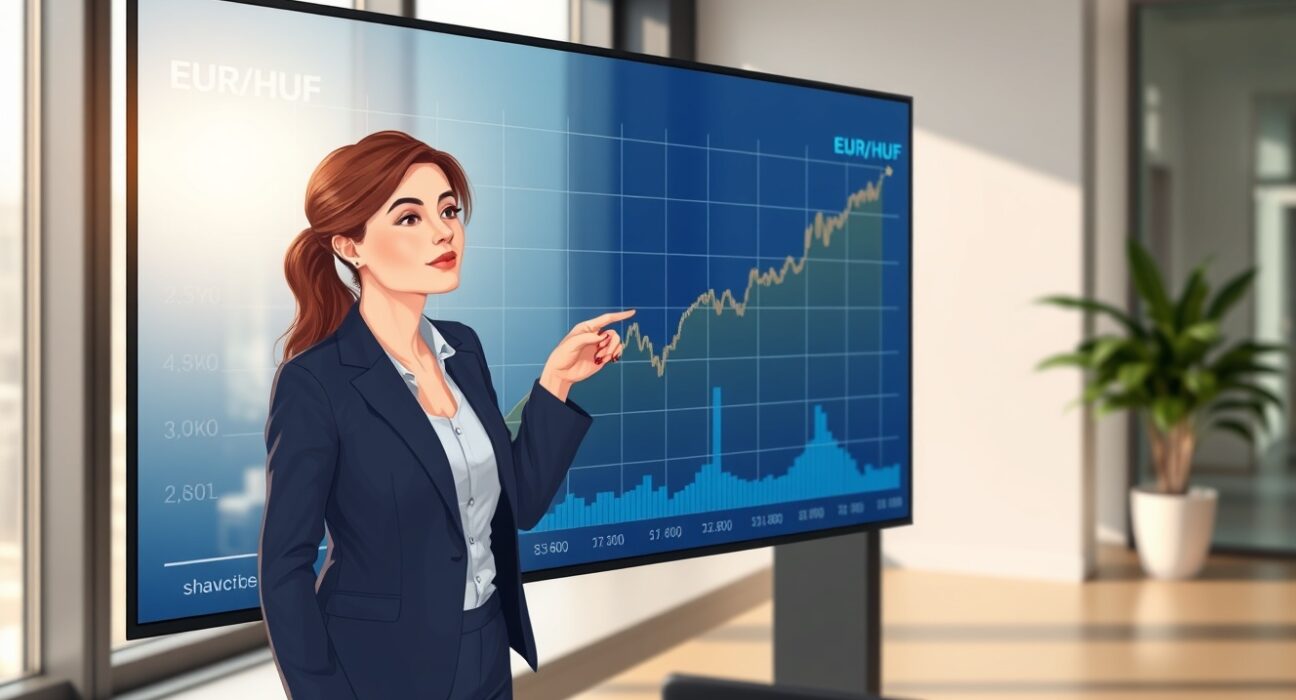 Financial analyst examines EUR/HUF exchange rate chart showing forint strength after monetary policy changes.