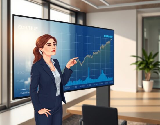 Financial analyst examines EUR/HUF exchange rate chart showing forint strength after monetary policy changes.