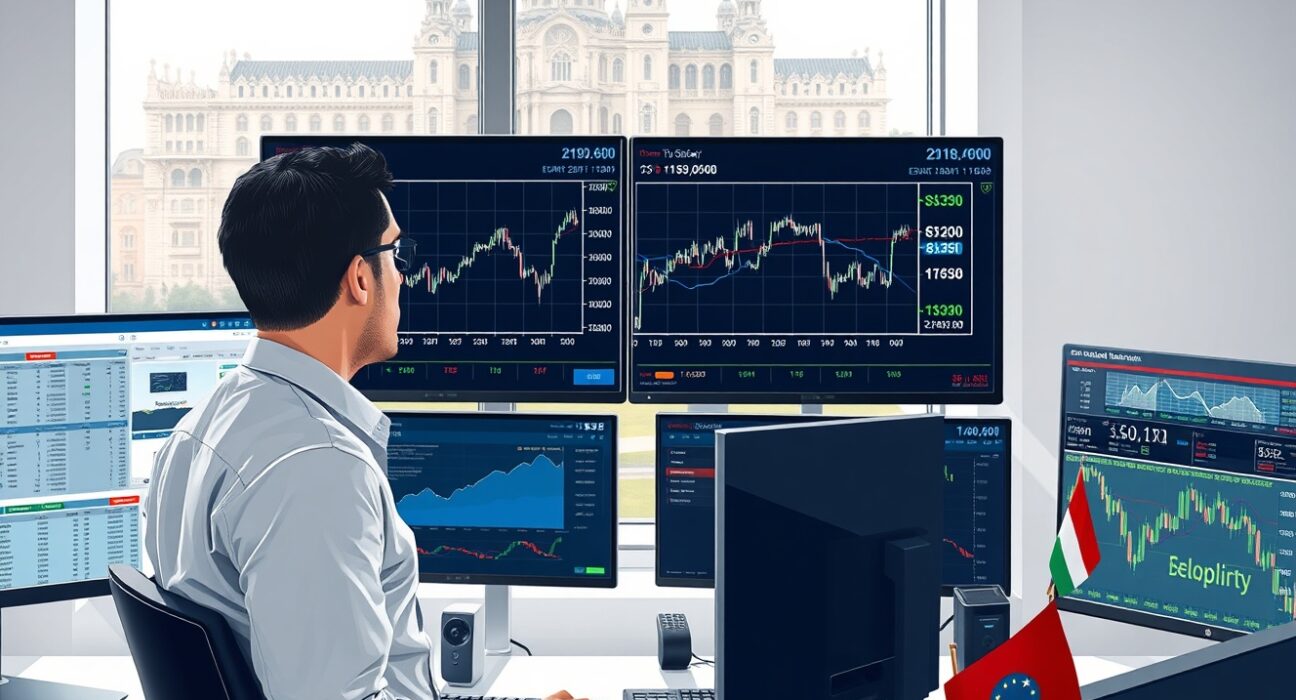 Financial analyst examining EUR/HUF exchange rate volatility charts in Budapest trading environment