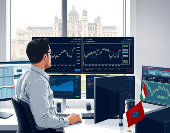 Financial analyst examining EUR/HUF exchange rate volatility charts in Budapest trading environment