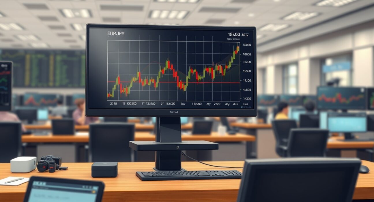 EUR/JPY exchange rate chart surging above 185.00 on a trading desk monitor, illustrating Yen pressure.