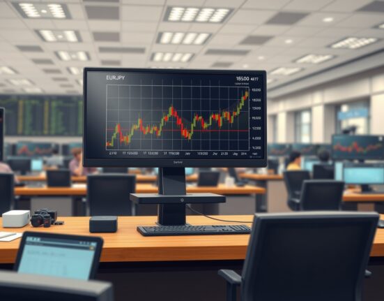 EUR/JPY exchange rate chart surging above 185.00 on a trading desk monitor, illustrating Yen pressure.