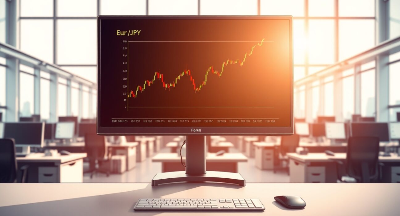 Forex trading chart showing the EUR/JPY exchange rate appreciating toward the 184.75 level.