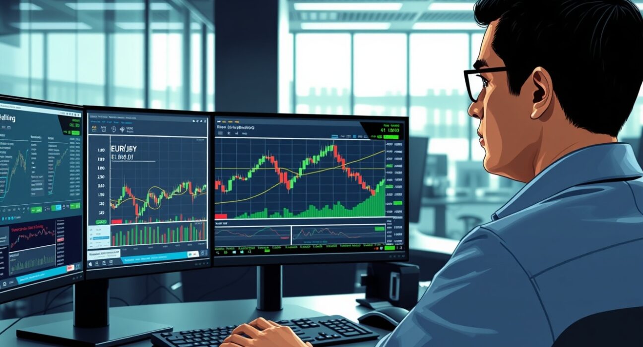 Trader analyzes EUR/JPY forex chart showing surge after positive Eurozone manufacturing data.