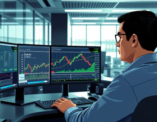 Trader analyzes EUR/JPY forex chart showing surge after positive Eurozone manufacturing data.