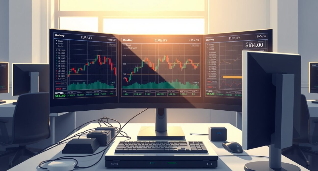 Forex trading terminal in Tokyo displaying the EUR/JPY exchange rate chart below 184.00.