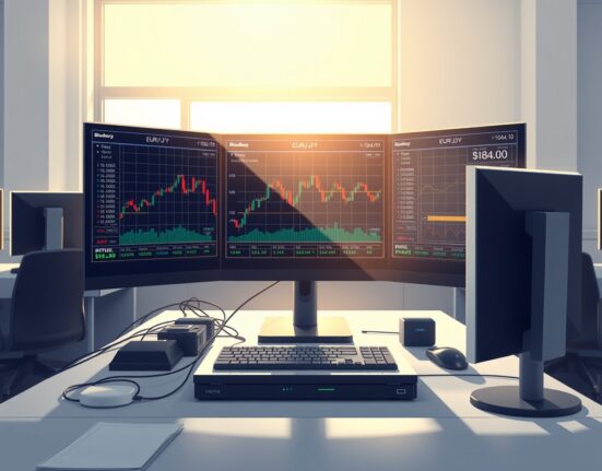 Forex trading terminal in Tokyo displaying the EUR/JPY exchange rate chart below 184.00.